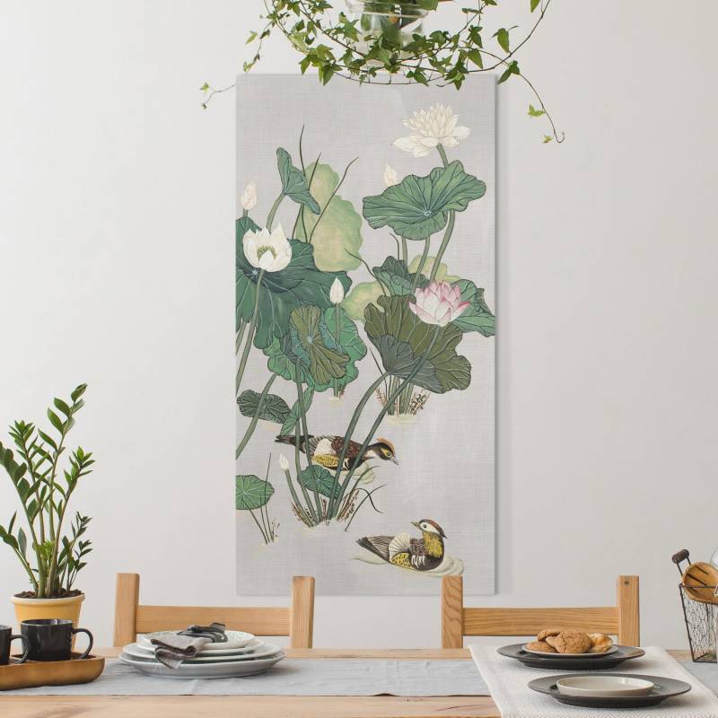 Leinwandbild Vintage Illustration Lotusblüten im Teich