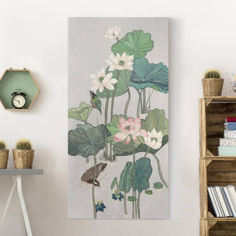 Leinwandbild Vintage Illustration Lotusblüten im Teich II