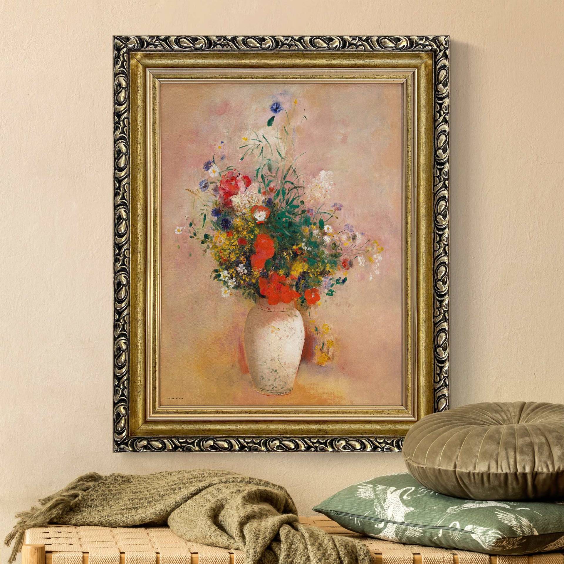 Leinwandbild in Barockrahmen Odilon Redon - Vase mit Blumen (rosenfarbener Hintergrund)