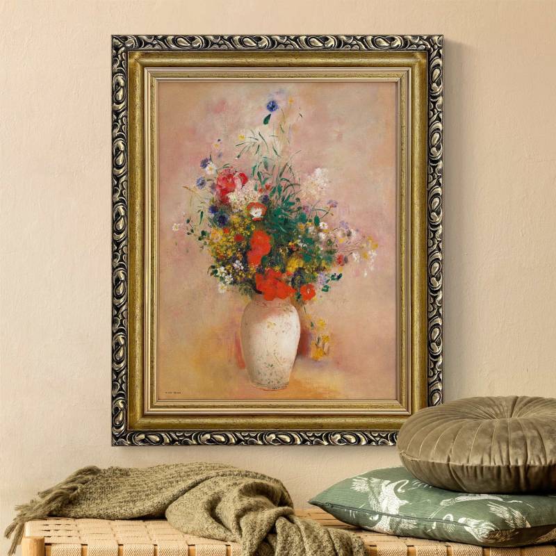Leinwandbild in Barockrahmen Odilon Redon - Vase mit Blumen (rosenfarbener Hintergrund)