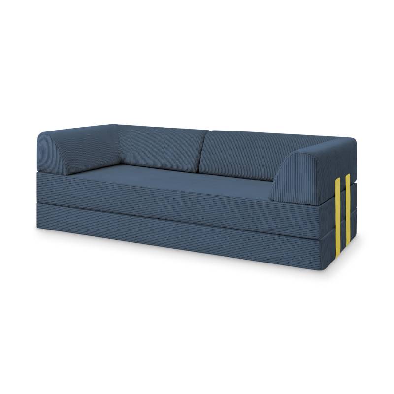 Levi Modulares 2-Sitzer Sofa mit Schlaffunktion 01 RAL1016 – Schwefelgelb – matt Teddy-Cord – Nachtblau von Snooze Project