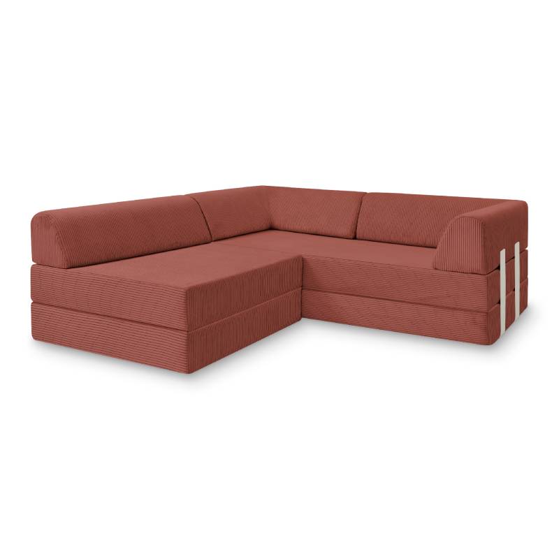 Levi Modulares 3-Sitzer Ecksofa mit Schlaffunktion 01 RAL1013 – Perlweiß – matt Teddy-Cord – Jaspisrot von Snooze Project