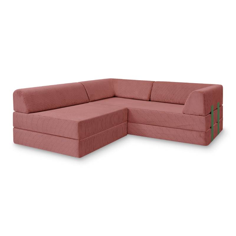Levi Modulares 3-Sitzer Ecksofa mit Schlaffunktion 01 RAL6011 – Resedagrün – matt Teddy-Cord – Nebelrosa von Snooze Project