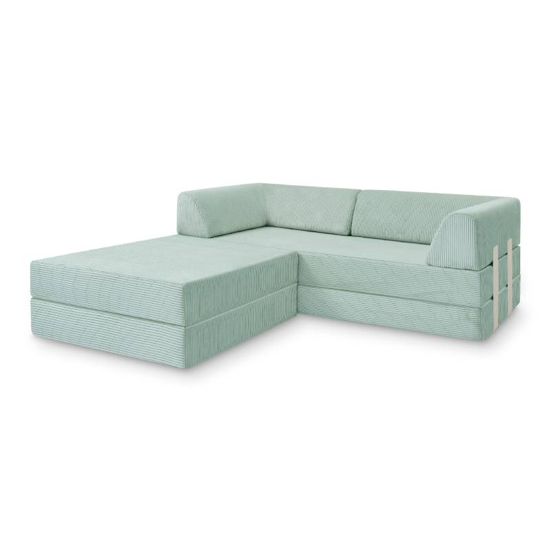 Levi Modulares 3-Sitzer Ecksofa mit Schlaffunktion 02 RAL1013 – Perlweiß – matt Teddy-Cord – Mintgrün von Snooze Project