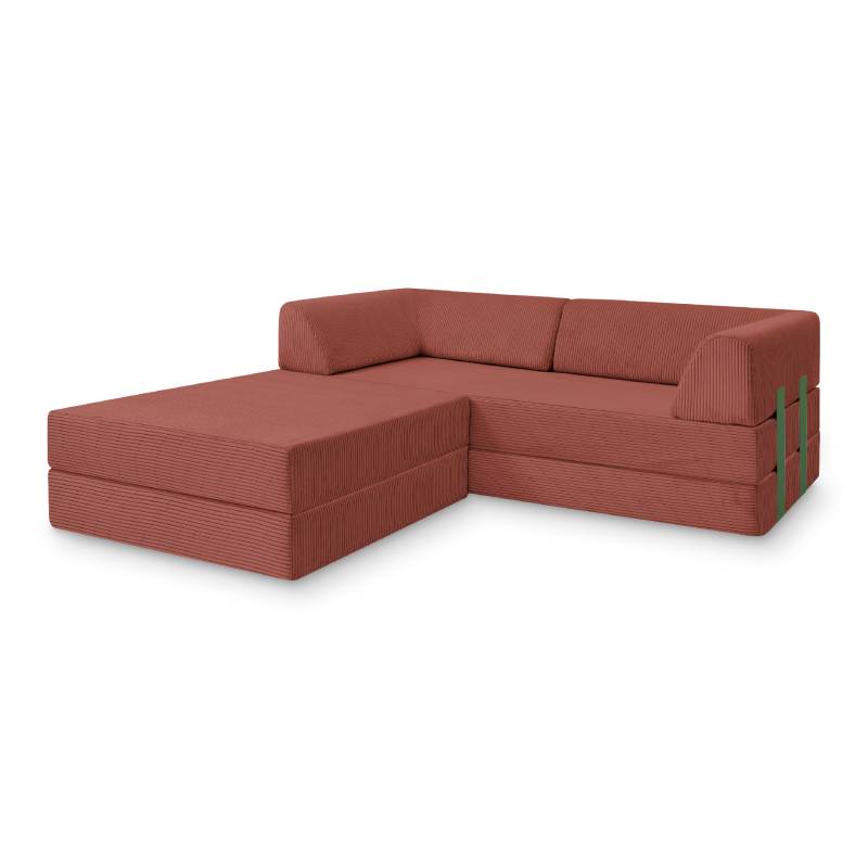 Levi Modulares 3-Sitzer Ecksofa mit Schlaffunktion 02 RAL6011 – Resedagrün – matt Teddy-Cord – Jaspisrot von Snooze Project