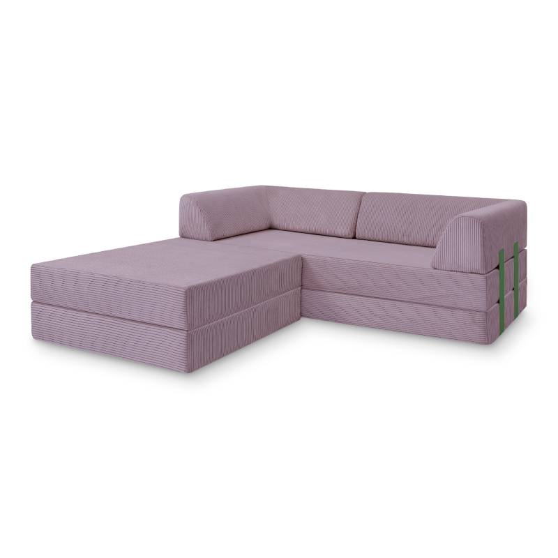 Levi Modulares 3-Sitzer Ecksofa mit Schlaffunktion 02 RAL6011 – Resedagrün – matt Teddy-Cord – Lavendellila von Snooze Project