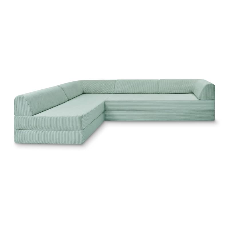 Levi Modulares 4-Sitzer Ecksofa mit Schlaffunktion 03 RAL1013 – Perlweiß – matt Teddy-Cord – Mintgrün von Snooze Project