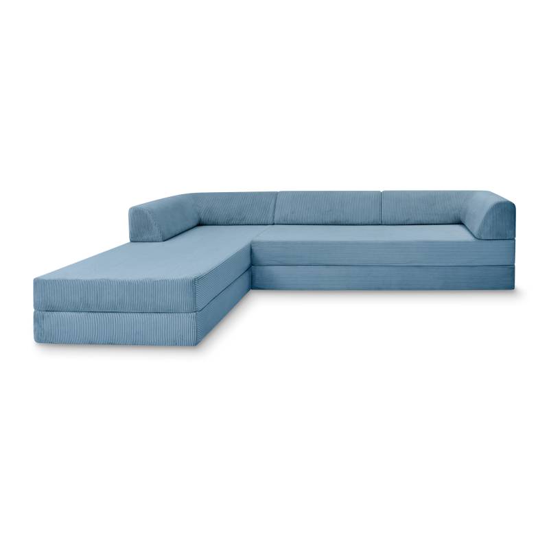 Levi Modulares 4-Sitzer Ecksofa mit Schlaffunktion 04 RAL6011 – Resedagrün – matt Teddy-Cord – Wolkenblau von Snooze Project