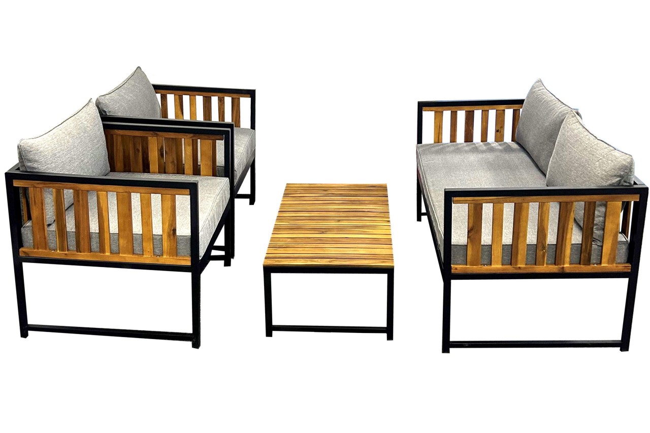 Lounge-Set Garnitur 4 tlg. massiv Akazienholz Metall Sitzgruppe mit Kissen