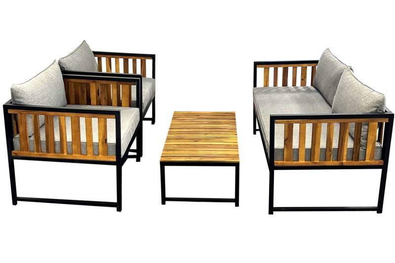 Lounge-Set Garnitur 4 tlg. massiv Akazienholz Metall Sitzgruppe mit Kissen