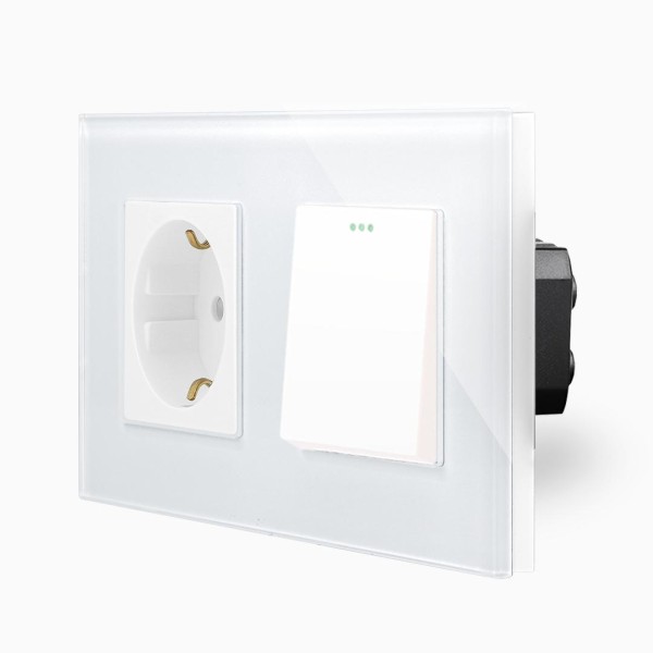 Glas 1-facher Lichtschalter / Wechselschalter + Steckdose Wippe Weiß LXBG2/LX-101M-71-11 LUXUS-TIME