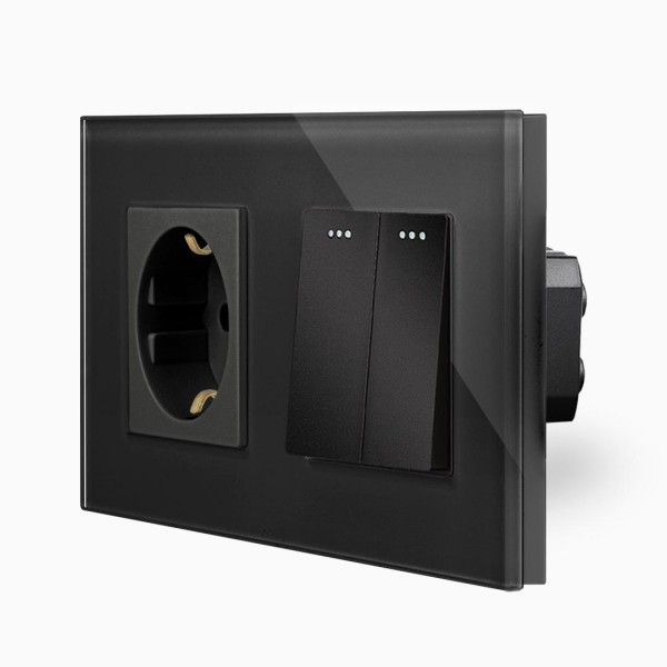 Glas 2-facher Lichtschalter + Steckdose Wippe Schwarz LXBG2/LX-102M-71-12 LUXUS-TIME