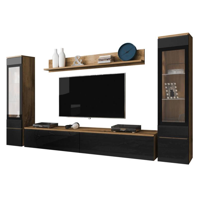 MIRJAN24 WOHNWAND Eiche Wotan, Schwarz Hochglanz MIRJAN24 WOHNWAND Eiche Wotan, Schwarz Hochglanz