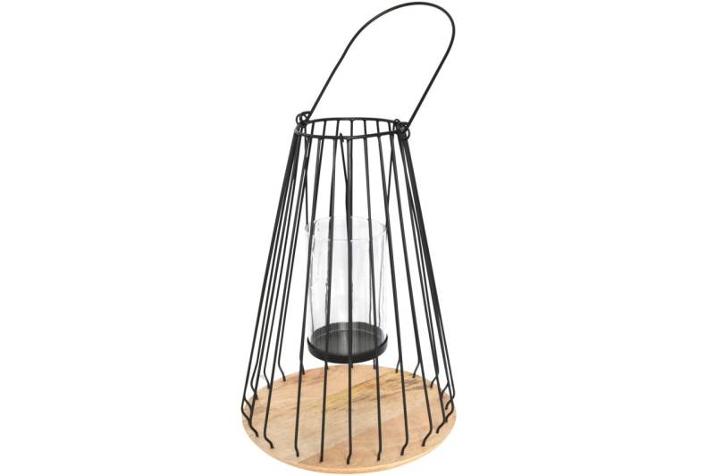 Metall Laterne mit Glaseinsatz und Kerzenhalter 41,5 cm Mangoholz Sockel