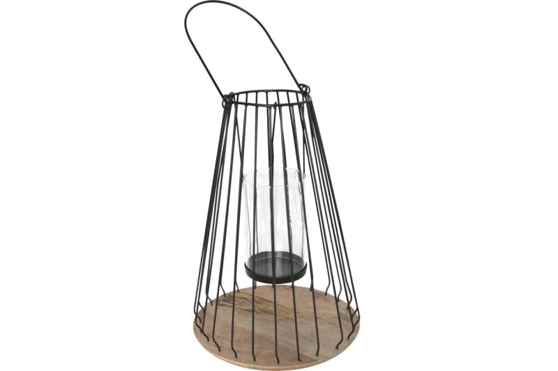 Metall Laterne mit Mangoholz Sockel 41 cm Glaseinsatz und Teelichthalter