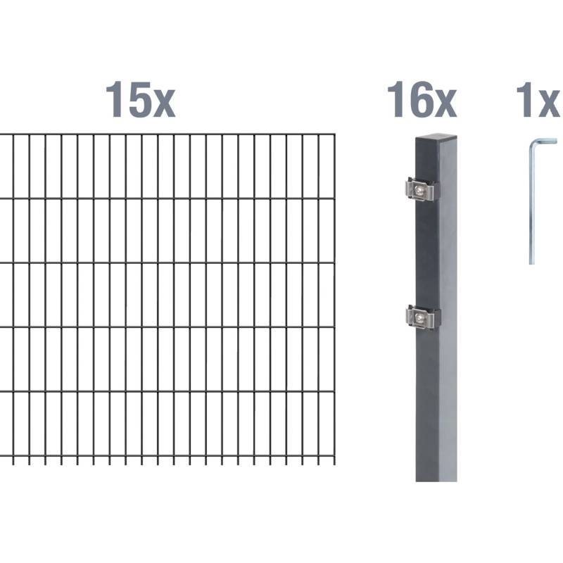 Metallzaun Grund-Set Doppelstabmatte verz. Anthrazit beschichtet 15 x 2 m x 1 m