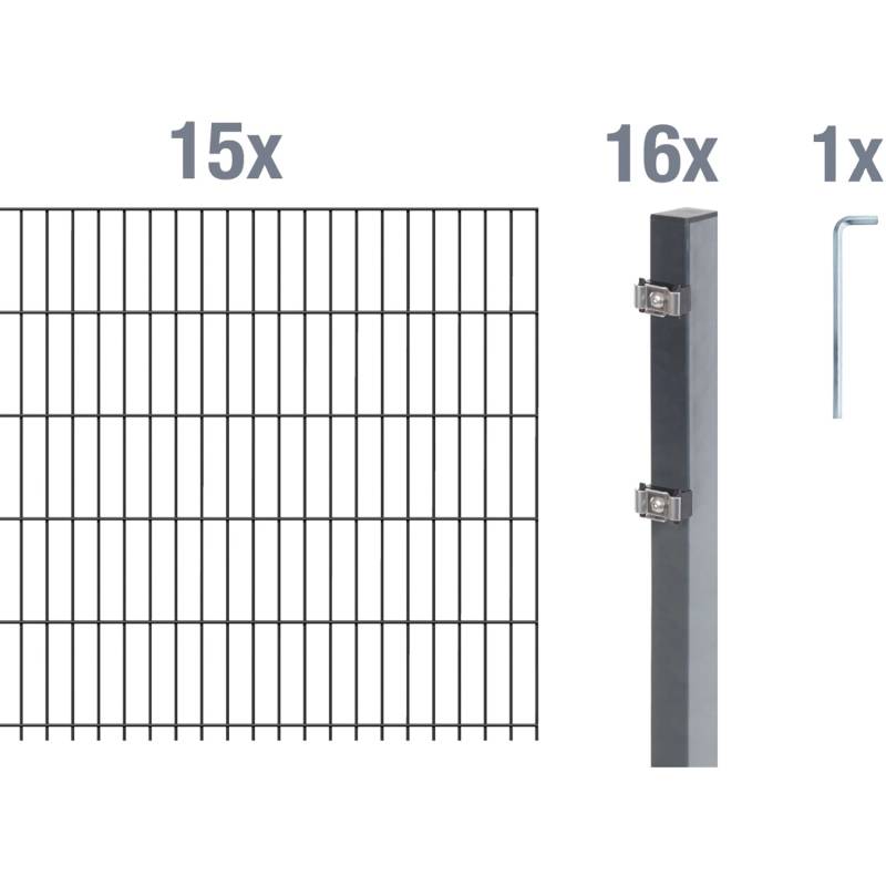 Metallzaun Grund-Set Doppelstabmatte verz. Anthrazit beschichtet 15x 2 m x 0,8 m