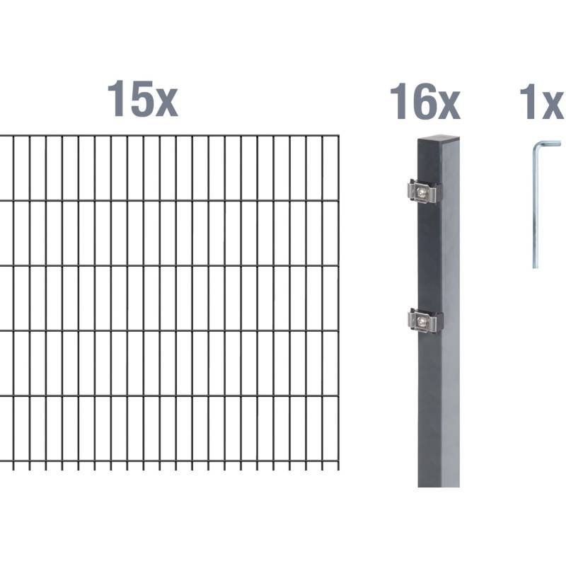Metallzaun Grund-Set Doppelstabmatte verz. Anthrazit beschichtet 15x 2 m x 1,2 m