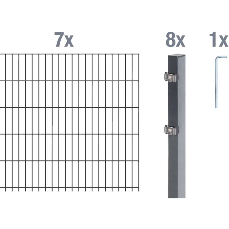 Metallzaun Grund-Set Doppelstabmatte verz. Anthrazit beschichtet 7 x 2 m x 1,6 m