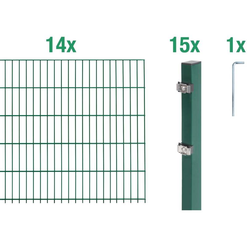 Metallzaun Grund-Set Doppelstabmatte verz. Grün beschichtet 14 x 2 m x 0,8 m