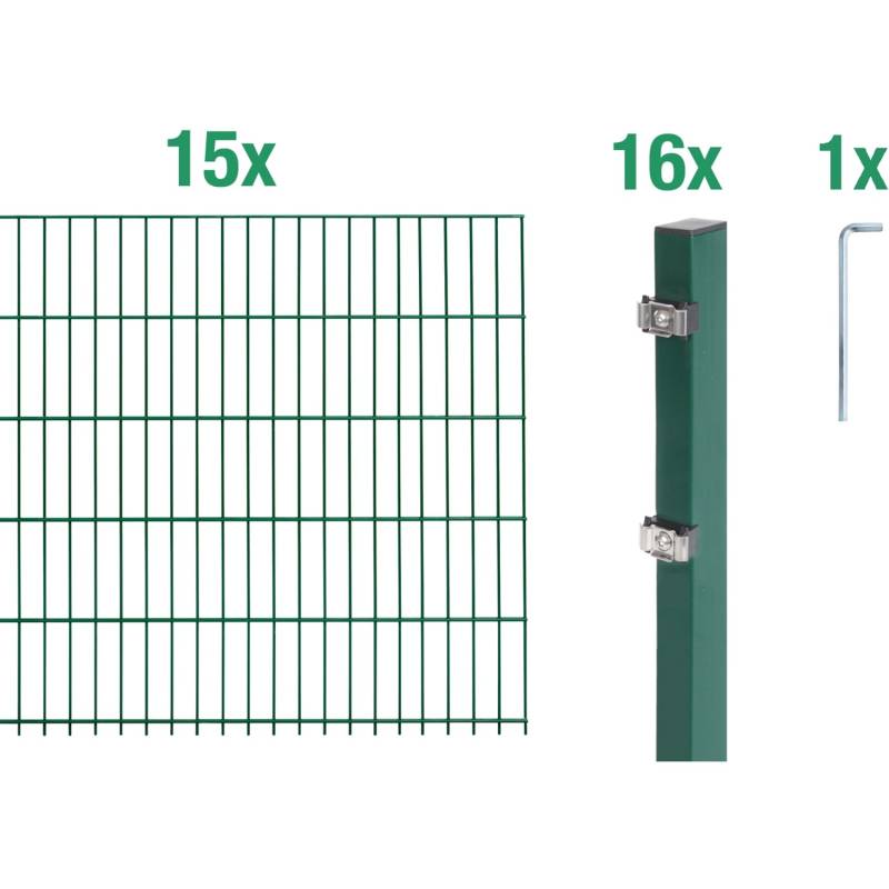 Metallzaun Grund-Set Doppelstabmatte verz. Grün beschichtet 15 x 2 m x 1,2 m
