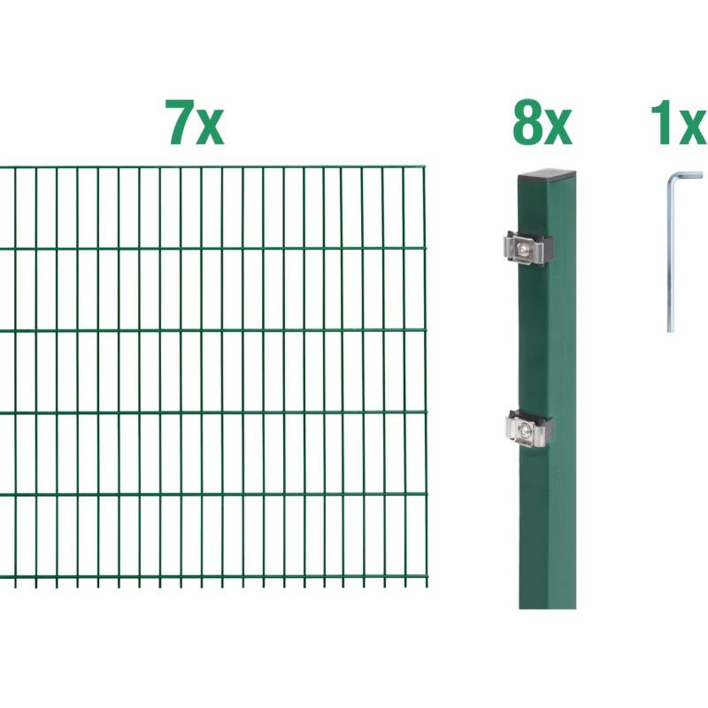 Metallzaun Grund-Set Doppelstabmatte verz. Grün beschichtet 7 x 2 m x 1 m