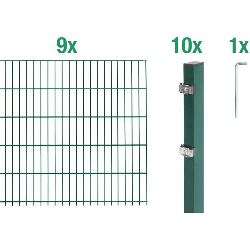 Metallzaun Grund-Set Doppelstabmatte verz. Grün beschichtet 9 x 2 m x 0,8 m