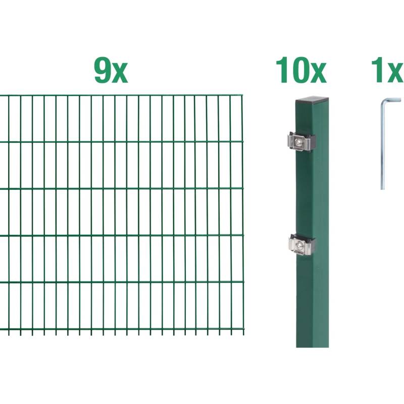 Metallzaun Grund-Set Doppelstabmatte verz. Grün beschichtet 9 x 2 m x 1 m
