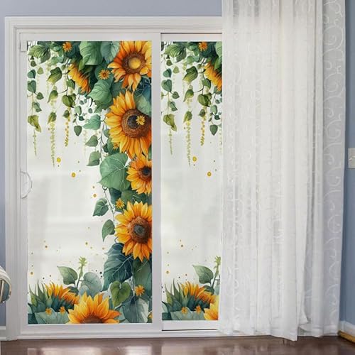 Milchglasfolie Sonnenblume Grüne Blätter Fensterfolie Blickdicht Fenster Sichtschutzfolie Selbstklebend Fenster Milchglasfolie Fenster Sichtschutzfolie Fenster Folie für Fenster 60x116cm/2 Pcs von LNXSESN