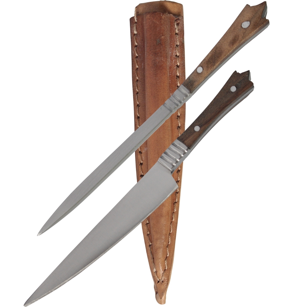 Mittelalter Besteck Set Messer + Pfriem Holz-Griff Lederscheide