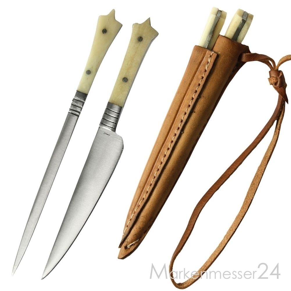 Mittelater Essbesteck Set Messer Pfriem Lederscheide Knochen Spieß klein Mittelater Essbesteck Set Messer Pfriem Lederscheide Knochen Spieß klein von Haller