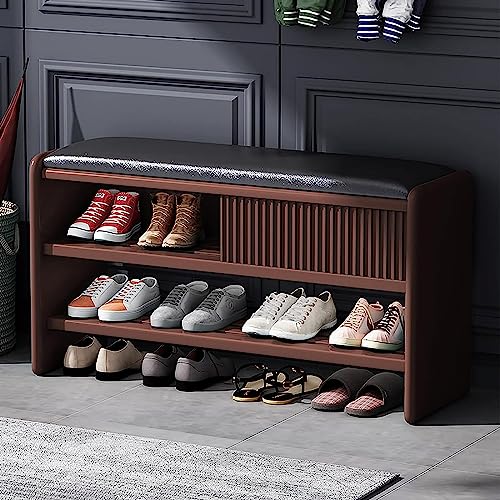 Moderne Schuhaufbewahrungsbank, Eingangsbank aus Holz mit Lederkissen, gepolsterte Schuhbank, Schuhschrank, Flur, Schuhorganisator, Möbel, Braun-Schwarz, Sitz 80 x 30 x 45 cm (31 x
