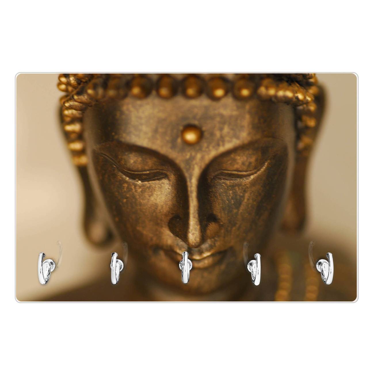 Modernes Schlüsselbrett aus Glas von banjado, Schlüsselboard 30cm x 20cm mit 5 Haken, Schlüsselleiste beschreibbar und magnetisch mit Motiv Buddha Gold