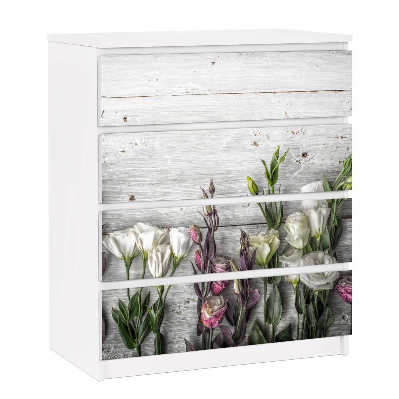 Möbelfolie für IKEA Malm Kommode 4 Schubladen Tulpen-Rose Shabby Holzoptik