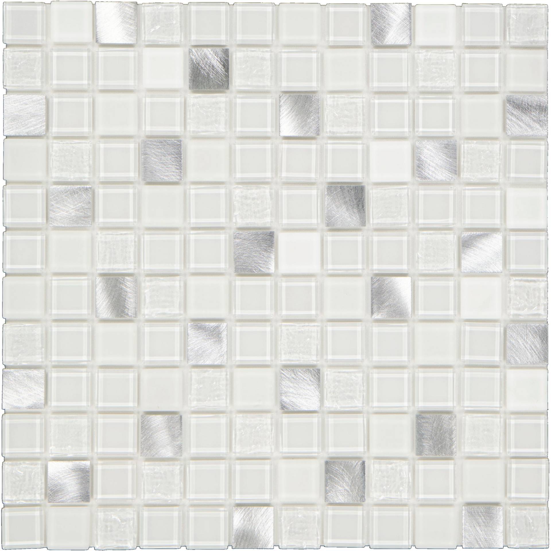 Mosaikfliese 'Easyglue' selbstklebend Glas aluminiumfarben/weiß 30 x 30 cm Mosaikfliese 'Easyglue' selbstklebend Glas aluminiumfarben/weiß 30 x 30 cm