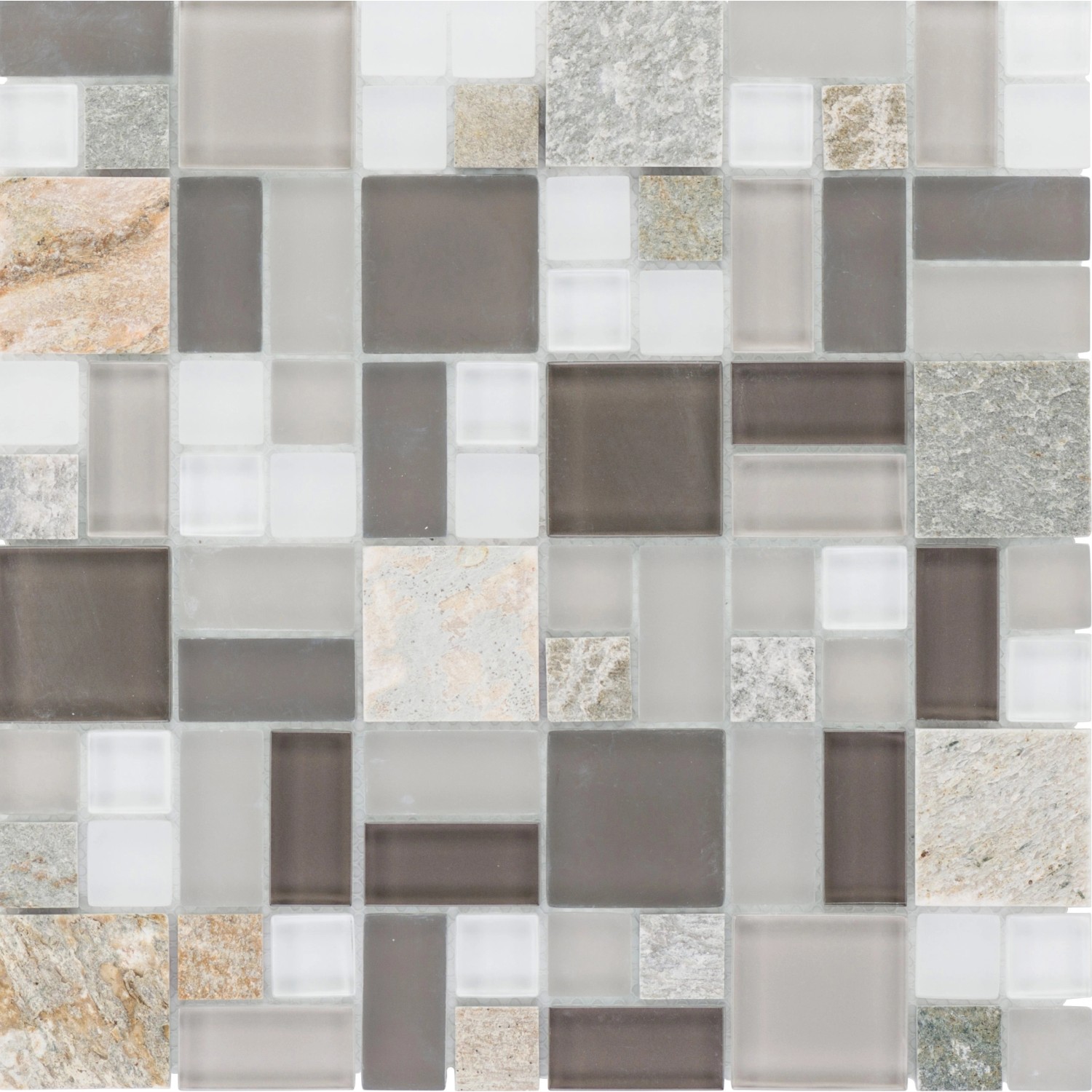 Mosaikmatte Quarzit & Glas Beige-Black-Grey Block 30 cm x 30 cm Mosaikmatte Quarzit & Glas Beige-Black-Grey Block 30 cm x 30 cm
