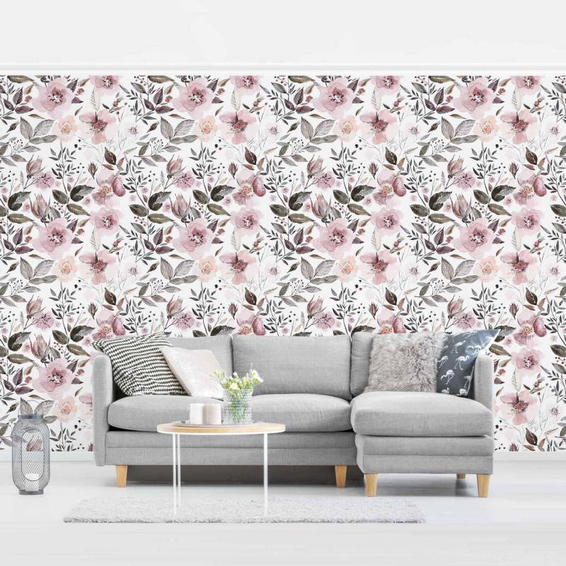 Mustertapete Graue Blätter mit Aquarell Blumen