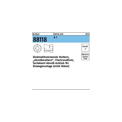 Mutter ART 88118 Diebstahlhemmend, A1 / A2 M 10 x 8 A 1 S Mutter ART 88118 Diebstahlhemmend, A1 / A2 M 10 x 8 A 1 S von Nobrand
