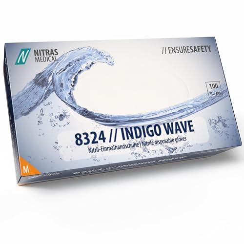 Nitras 8324 INDIGO WAVE puderfreie, unsterile, medizinische Nitril-Einmalhandschuhe Farbe dunkelblau, 100 Stück im Spenderkarton (M) von Nitras