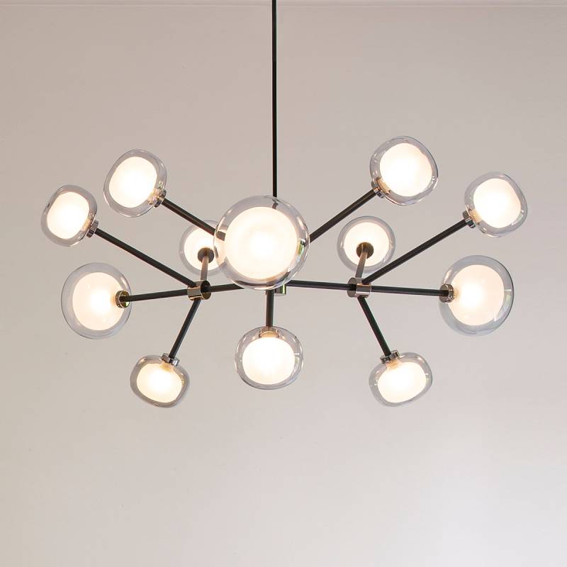 Nabila 552.12 Pendelleuchte 12-flammig Ø: 102 cm, Schwarz Matt / Messing & Klarglas