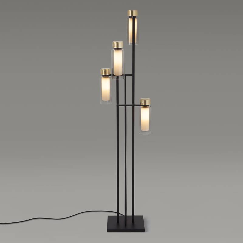 Osman 560.64 Stehleuchte 4-flammig H: 140 cm, Schwarz Matt / Messing & Klarglas, Schaltbar