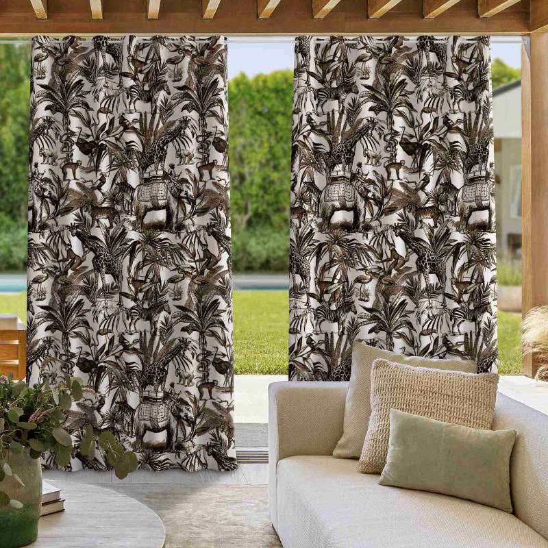 Outdoorvorhang Elefanten Giraffen Zebras und Tiger Schwarz-Weiß mit Braunton