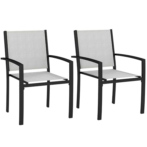 Outsunny 2er-Set Gartenstühle stapelbare Outdoor-Stühle mit Armlehnen, Stahlrahmen für Garten, Pool, Terrasse, hellgrau Outsunny 2er-Set Gartenstühle stapelbare Outdoor-Stühle mit Armlehnen, Stahlrahmen für Garten, Pool, Terrasse, hellgrau