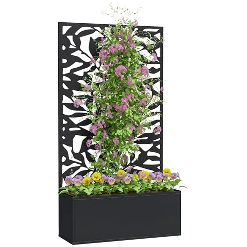 Outsunny Blumenkasten mit Rankgitter, Sichtschutz Paravent, Outdoor-Blumenkasten aus Metall auf Füßen oder an der Wand, Vollblattmuster, rechteckiger Blumenkasten Balkon Terrasse Patio, 61x23x113 cm, Outsunny Blumenkasten mit Rankgitter, Sichtschutz Paravent, Outdoor-Blumenkasten aus Metall auf Füßen oder an der Wand, Vollblattmuster, rechteckiger Blumenkasten Balkon Terrasse Patio, 61x23x113 cm, von Outsunny