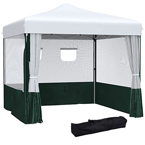 Outsunny Faltbare 3x3m Garten-Laube mit Seitenwänden Verstellbare Höhe Anti-UV Wasserdicht 2 Fenster und Tragetasche Outdoor-Laube für Parteien Weiß und Grün