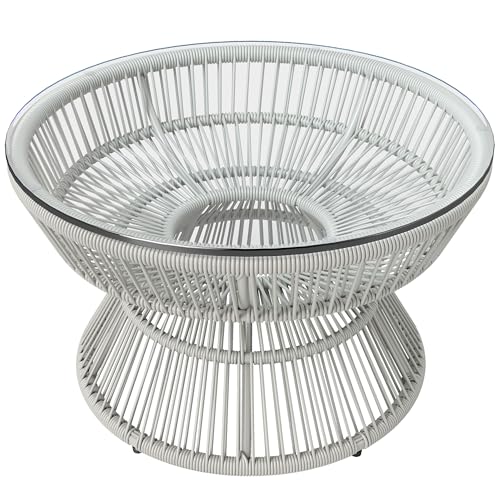 Outsunny Runder Garten-Couchtisch, Beistelltisch aus Harz in Rattan-Optik und Hartglasplatte Ø60 x 37H cm hellgrau