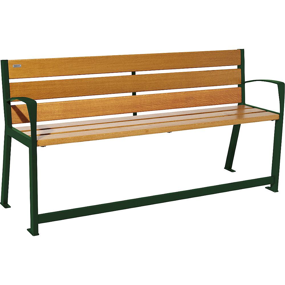 PROCITY Sitzbank SILAOS® aus Holz, mit Rückenlehne, für Senioren, Länge 1800 mm, moosgrün, Eiche-Dekor hell