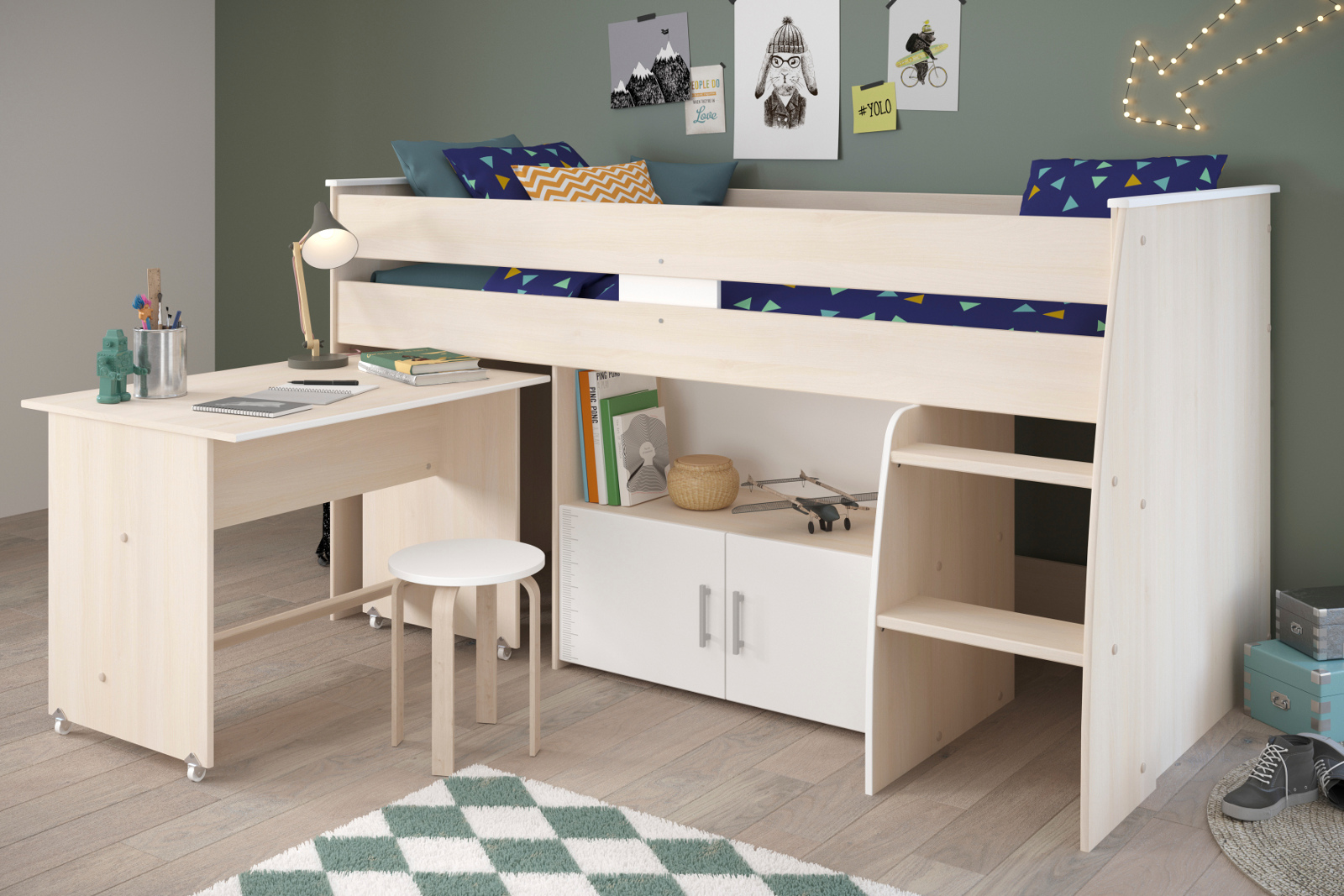 Parisot Hochbett "Charly4" in Akazie und weiß Kinder- und Jugendzimmer Bett mit Schreibtisch