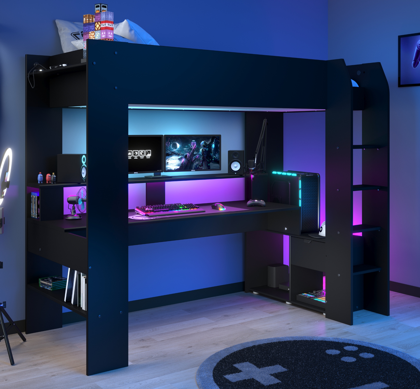 Parisot Hochbett "Online1" in schwarz Gaming Jugendzimmer Bett mit Schreibtisch inkl. LED Beleuchtung mit Farbwechsel