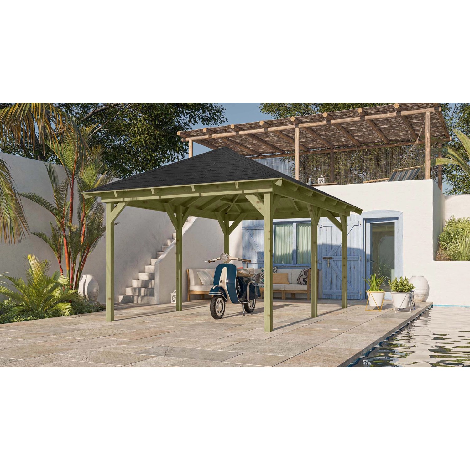 Karibu Pavillon Bever 4 Set kdi mit Schindeln Schwarz 429 cm x 289 cm x 296 cm von Karibu